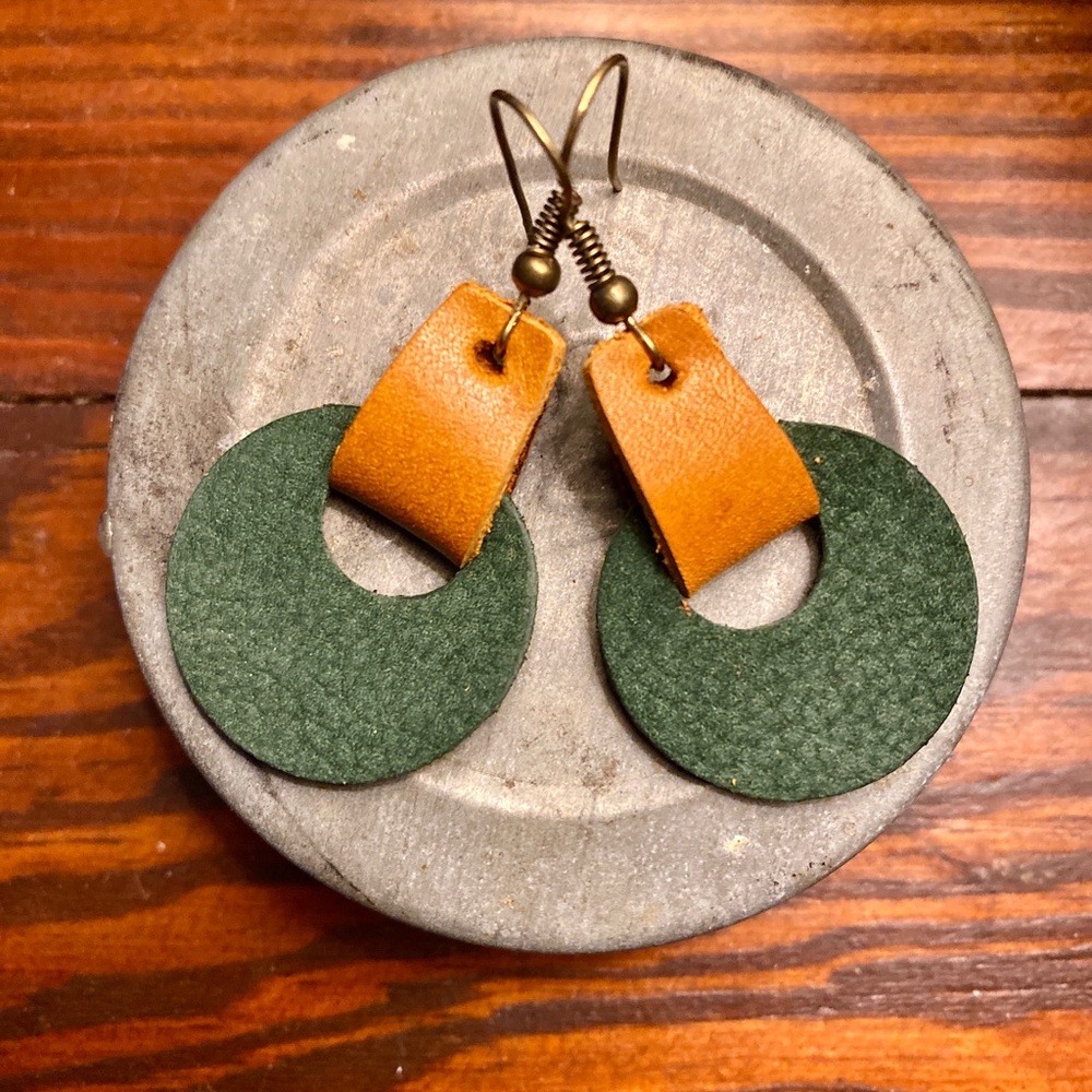 leather earrings, circle, folded leather, every day casual earrings, handmade